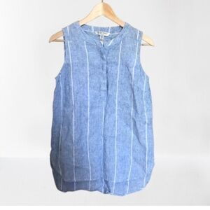 Ellen Tracy Linen Coastal Blue and White Striped Sleeveless Top Medium